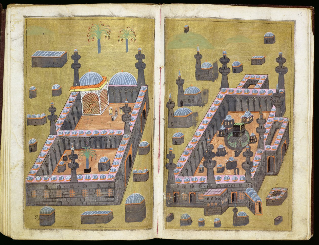 MS.343.f15v-16r Moskén i Medina och Mecka, från `Reasons for Charity, av Mustafa Al-Shukri, 1160 av Persian School