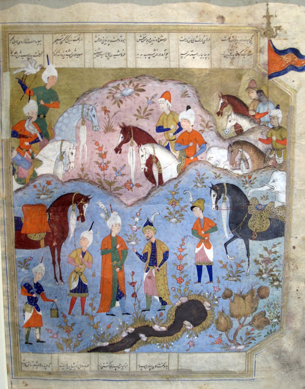 Möte av Siyarvush och Afrasiyab från Firdosi Shahnam, 1565-66 (gouache med bladguld på papper) av Persian School
