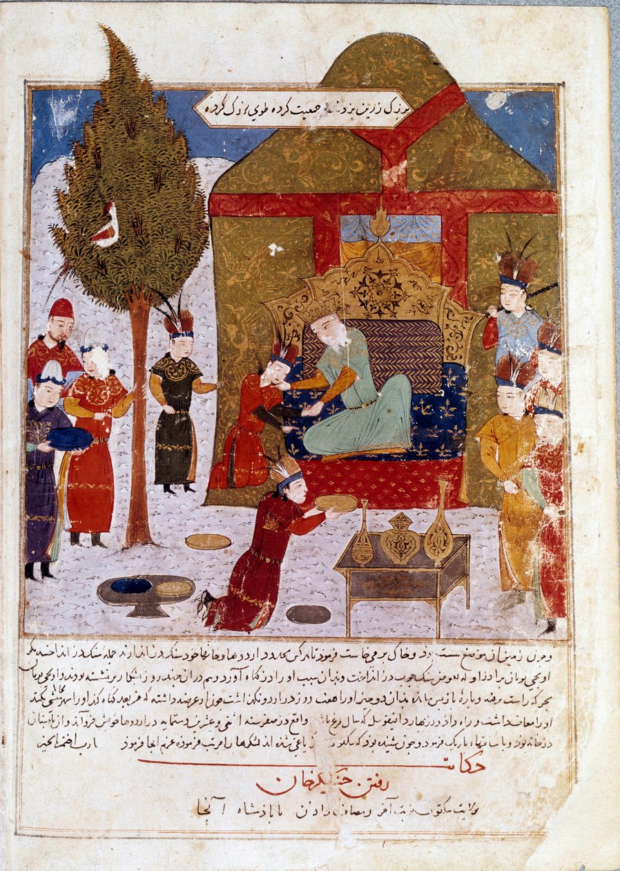 Den mongoliske kejsaren Djingis Khan (1167-1227) på sin tron i ett läger nära Ilmil med sina barnbarn Quibalai och Hule Gu persisk miniatyr tagen från Jami al-Tawarikh (Jami al tawarikh) (Det mongoliska imperiets historia) av Rashid al-Din ( al Din) (B.124 av Persian School