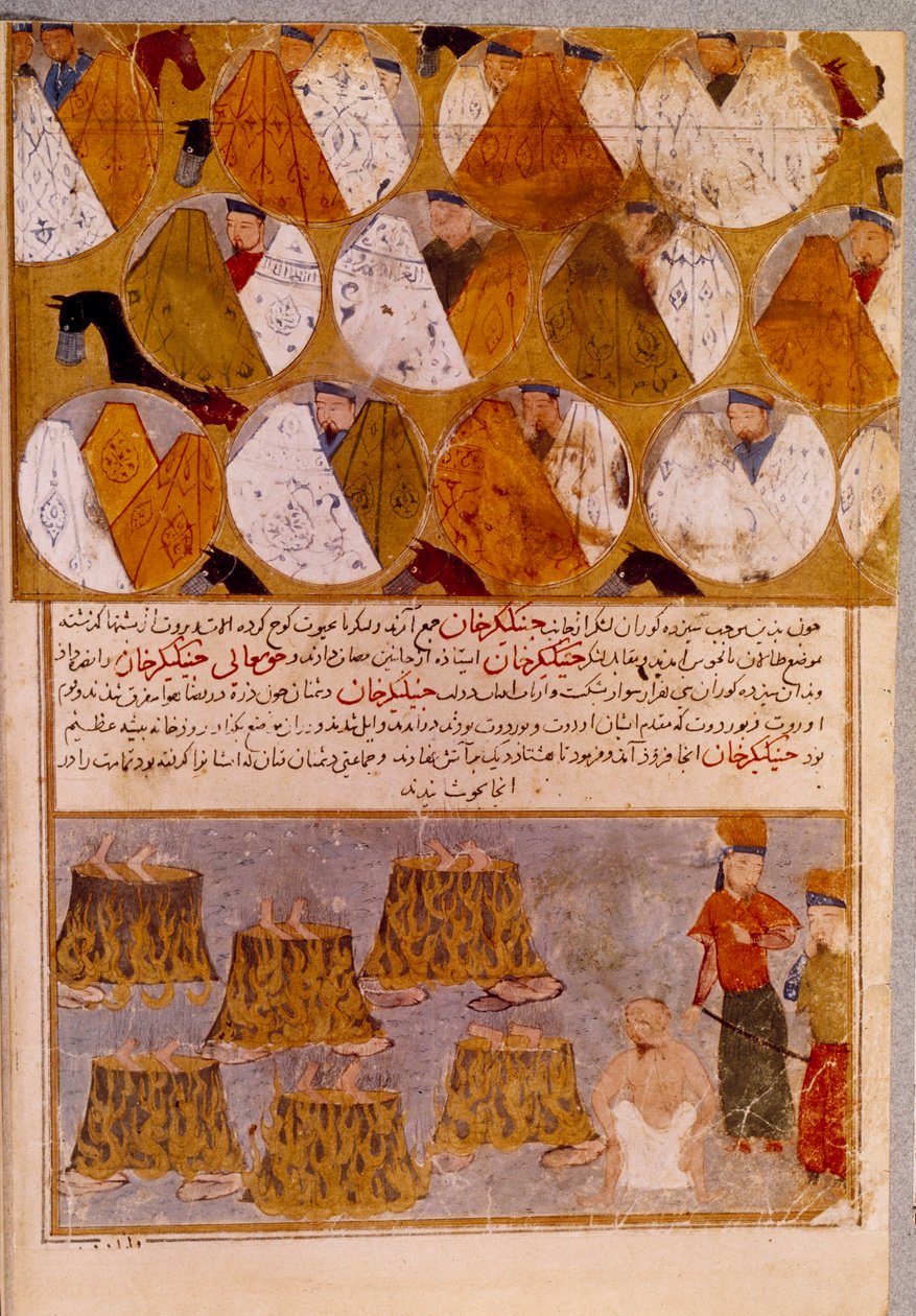 Mongoliska tält och fångar av Djingis Khan (1162-1227): Djingis Khan låter anhängare av Djamuqua, en mongol från Jadjirat-stammen kastas i kittlarna. Persisk miniatyr hämtad från "" Jami al-tawarikh"" (Jami al tawarikh) eller "" Universal History"" av Persian School