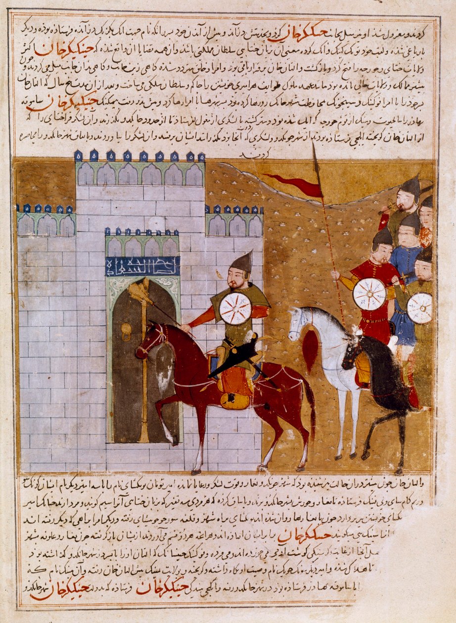 Mongoler som belägrar en persisk miniatyrfästning hämtad från "" Jami al-tawarikh"" (Jami al tawarikh) eller "" Universal History"" av historikern Rashid al-din (al din) (1247-1318) Omkring 1430 Paris, B.N. av Persian School
