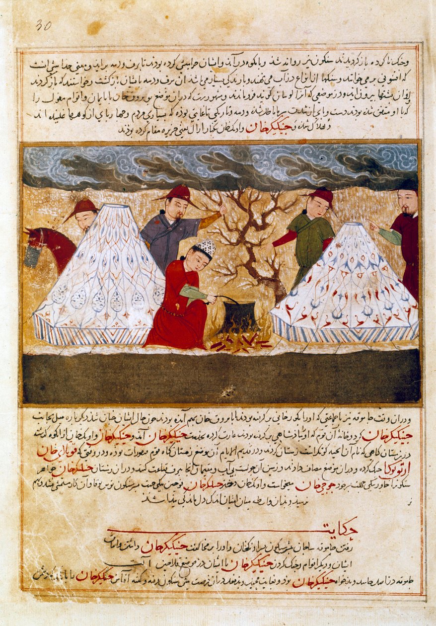 Mongoler som lagar persisk miniatyr tagna från "Jami al-tawarikh" (Jami al tawarikh) eller "" Universal History "" av historikern Rashid al-din (al din) (1247-1318) Omkring 1430. Paris, B.N. av Persian School