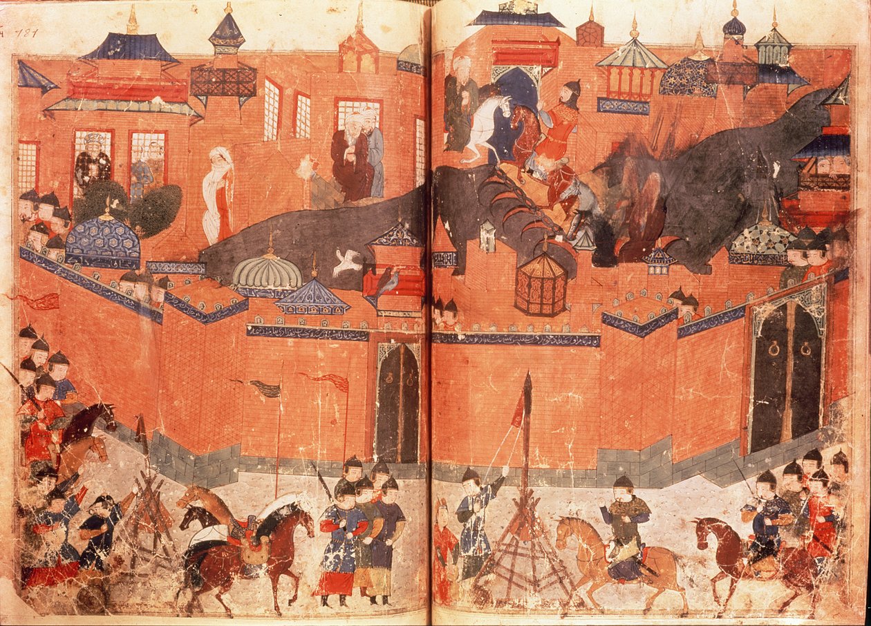 Ms.Sup.Pers.1113.f.180v-181 Mongoler under ledning av Hulagu Khan stormade och intog Bagdad 1258, från en bok av Rashid al-Din (1247-1318) (vellum) av Persian School