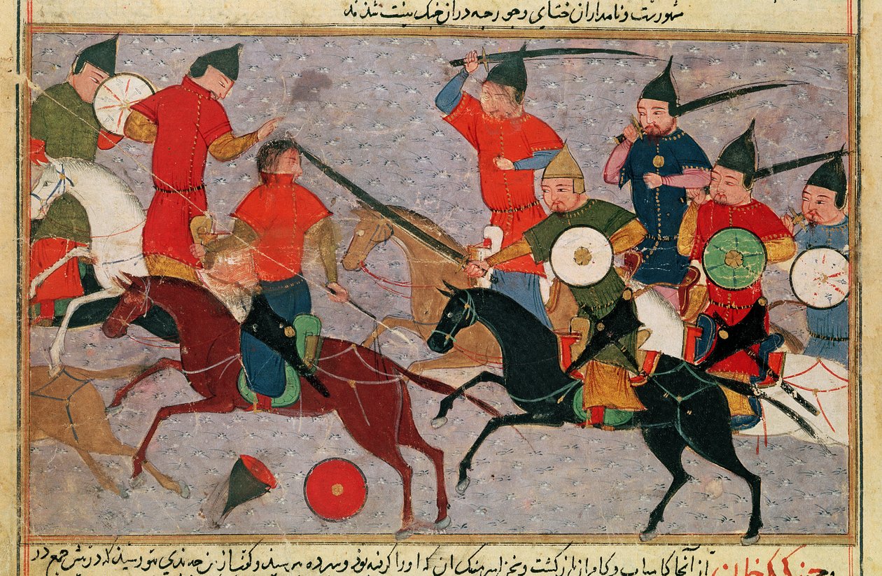 Ms Pers.113 f.49 Genghis Khan (c.1162-1227) i Battle, från en bok av Rashid-al-Din (1247-1318) (gouache) av Persian School