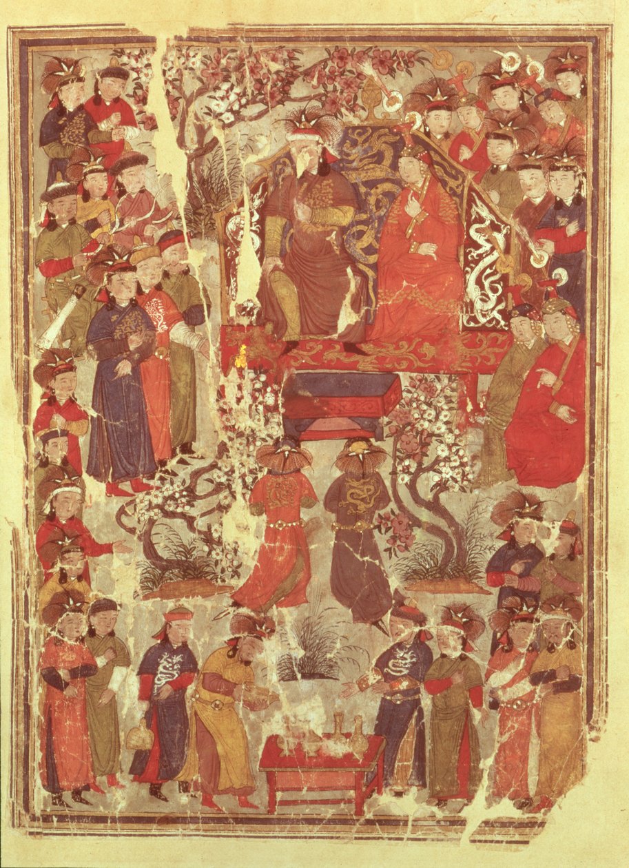 Ms Supp. Pers. 1113 f.126v Genghis Khan och hans fru Bortei tronade inför hovmän, folio från en bok som heter Jami al Tawarikh (Universell historia) av Rashid ad-Din (1247-1318) av Persian School