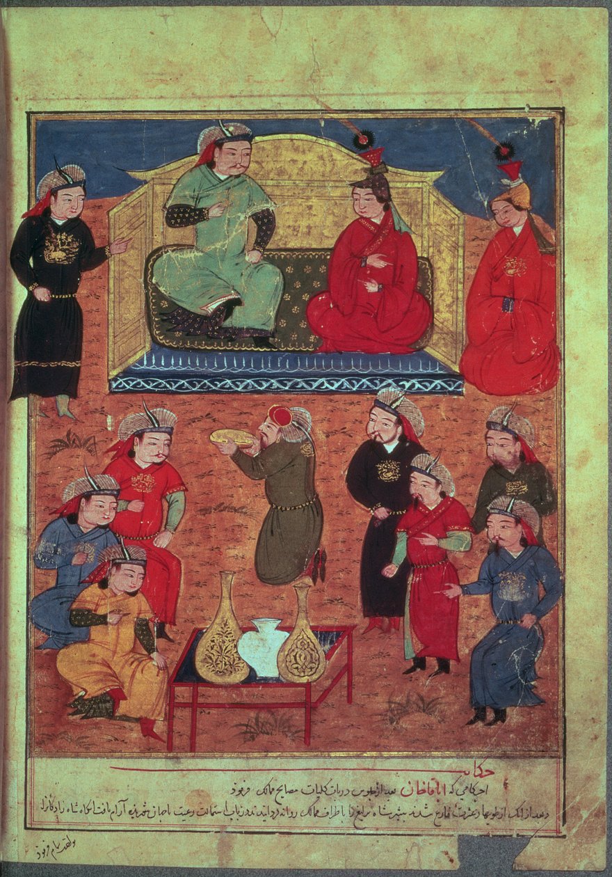 Fru Support. Husdjur. 1113 fol.203v Arhaan Khan med två av sina fruar och sin son Ghazan, från en bok av Rashid ad-Din (1247-1318) av Persian School