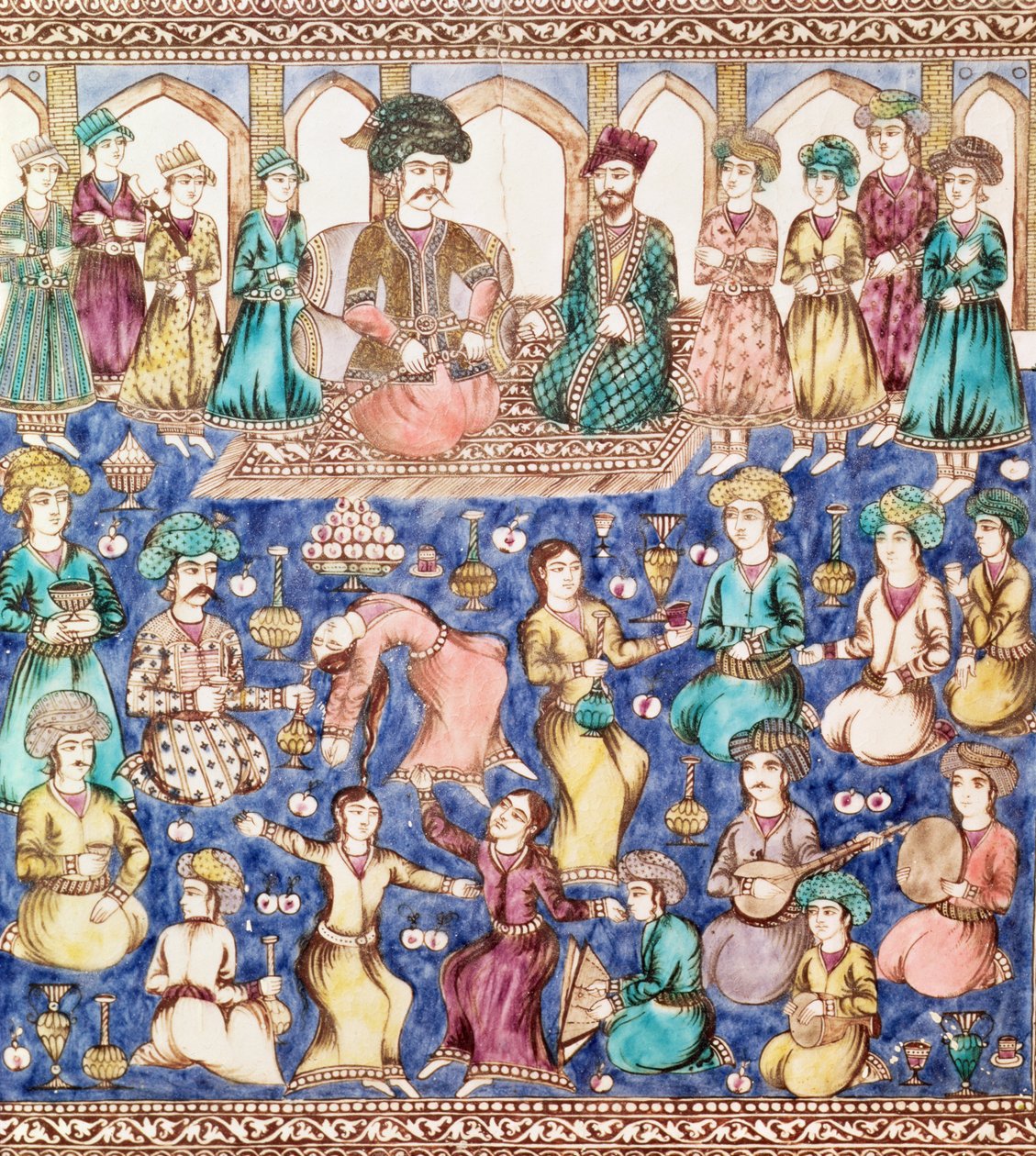 Musiker och dansare vid Nasser al-Din Shah Qajars hov (1831-96) (keramik) av Persian School