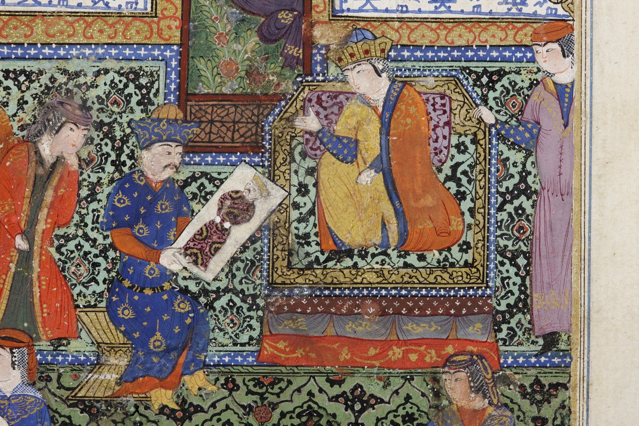 Nushabeh tar emot porträttet av Eskandar, ca 1475 (ogenomskinlig wc på papper) av Persian School