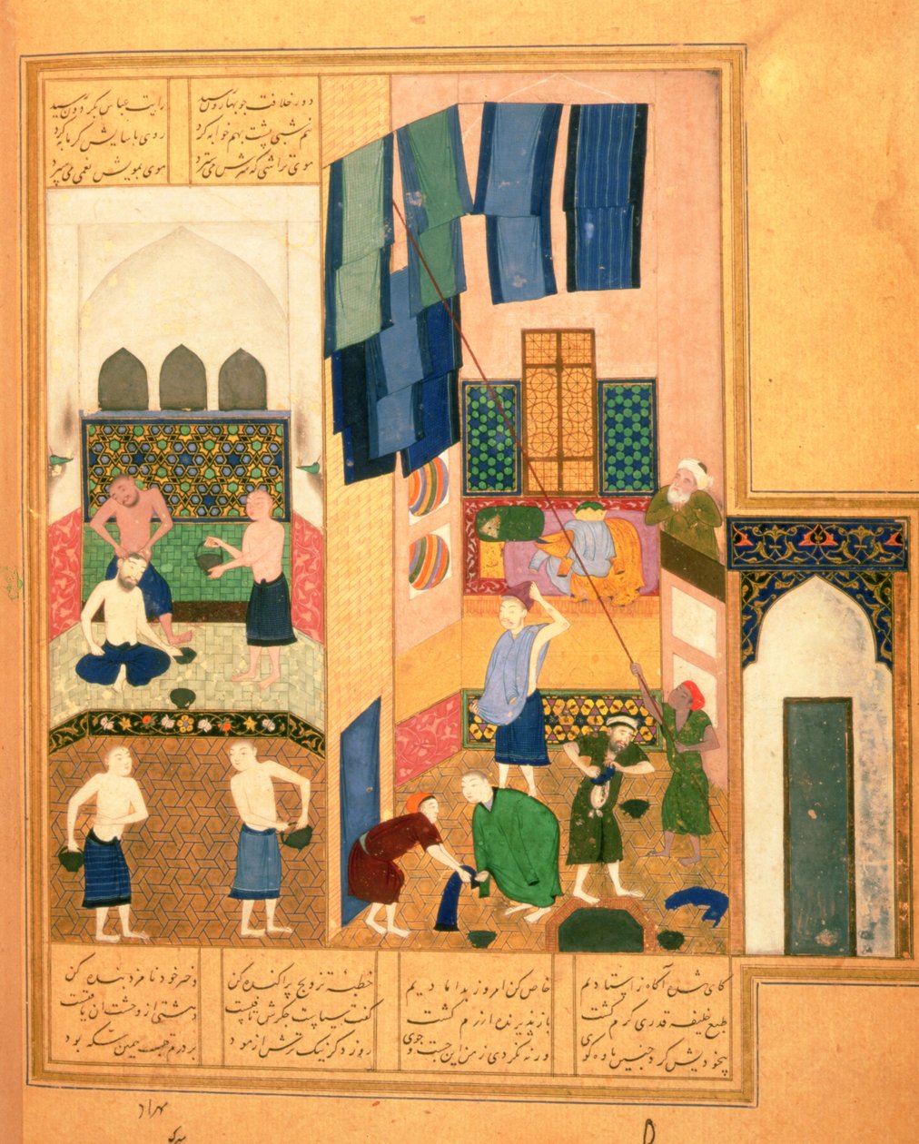 Or.6810 f.27v Harun al-Rashid och frisören i ett turkiskt bad (vellum) av Persian School
