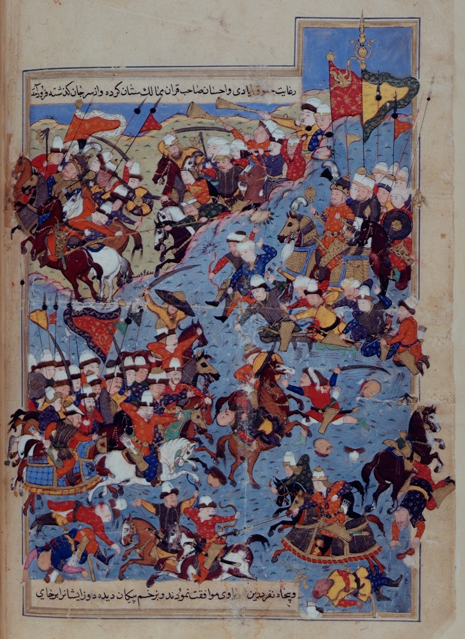 Eller 5736 fol.122v Slaget mellan Timur (1336-1405) och Tuqtamish Khan 1395, från 