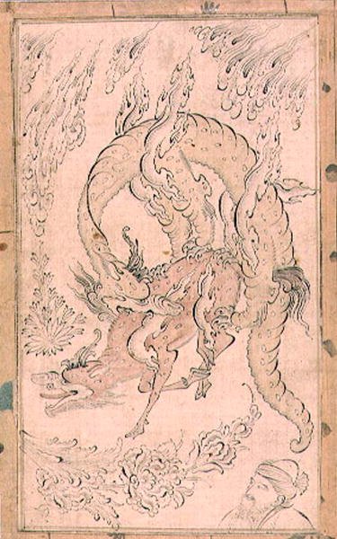 PD.154-1948 Kylin slukas av en drake, möjligen målad av Inayat Allah (bläck med tvätt) av Persian School