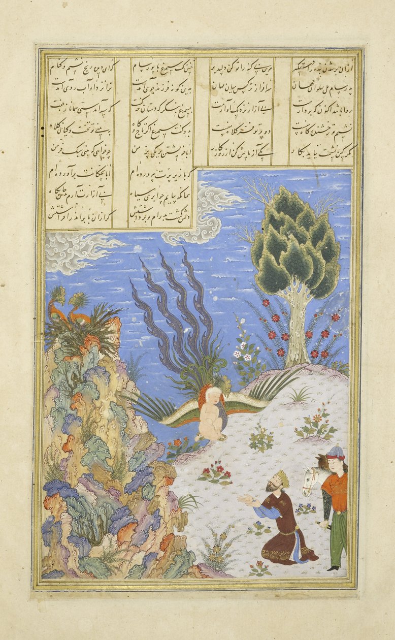 Persiska 239 fol.16b Simurgh återställer Z?l till S?m, illustration från Shahnama (Kungarnas bok), av Abul-Qasim Mansur Firdawsi (c.934-c.1020), 1444 av Persian School