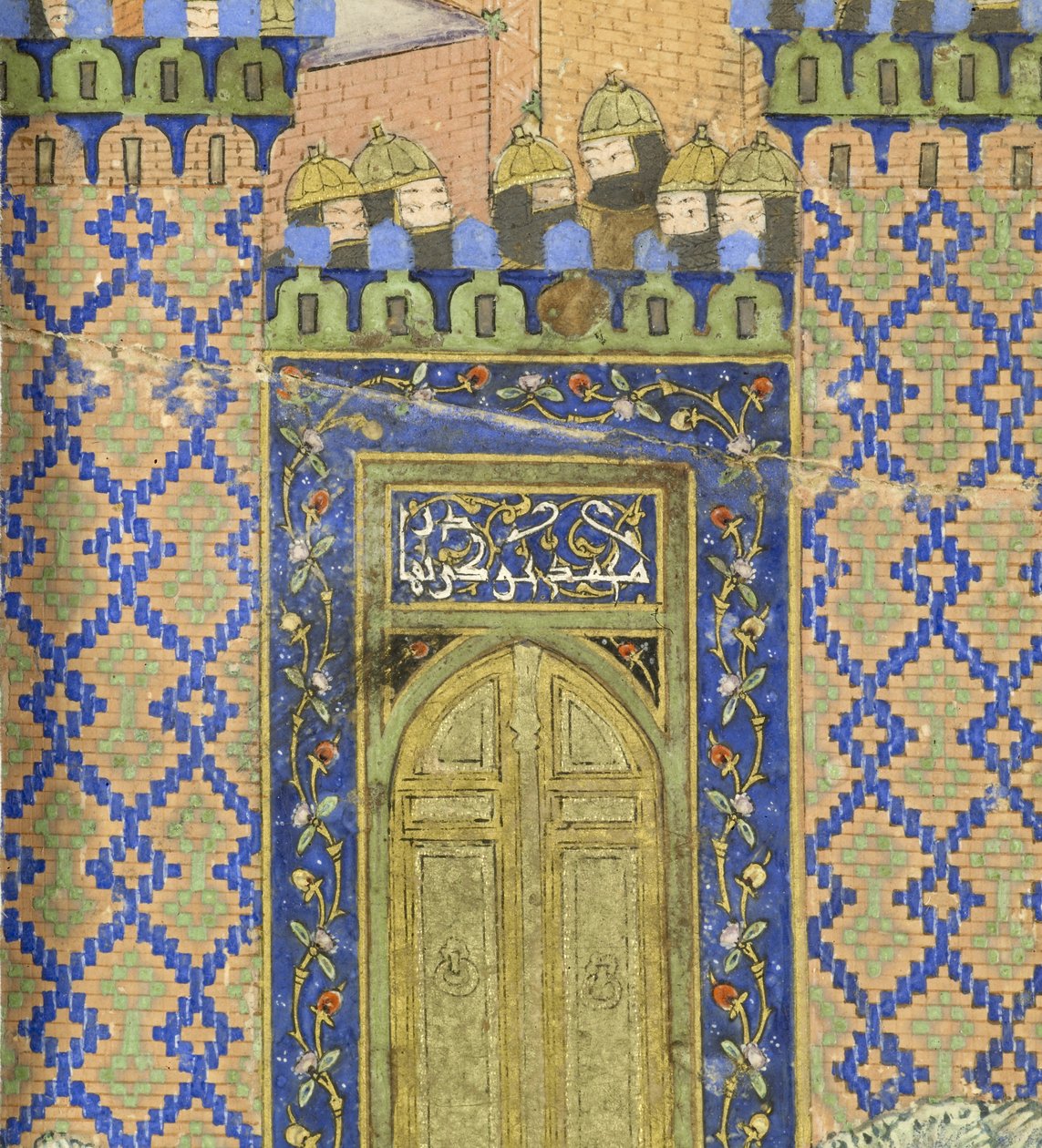 Persiska 239 fol.278a Detalj: Isfandiy?r dräpar Arj?sp i det fräcka lastrummet, illustration från Shahnama (Kungarnas bok), av Abul-Qasim Mansur Firdawsi (c.934-c.1020), 1444 av Persian School