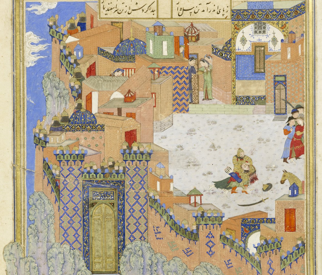 Persiska 239 fol.278a Detalj: Isfandiy?r dräpar Arj?sp i det fräcka lastrummet, illustration från Shahnama (Kungarnas bok), av Abul-Qasim Mansur Firdawsi (c.934-c.1020), 1444 av Persian School