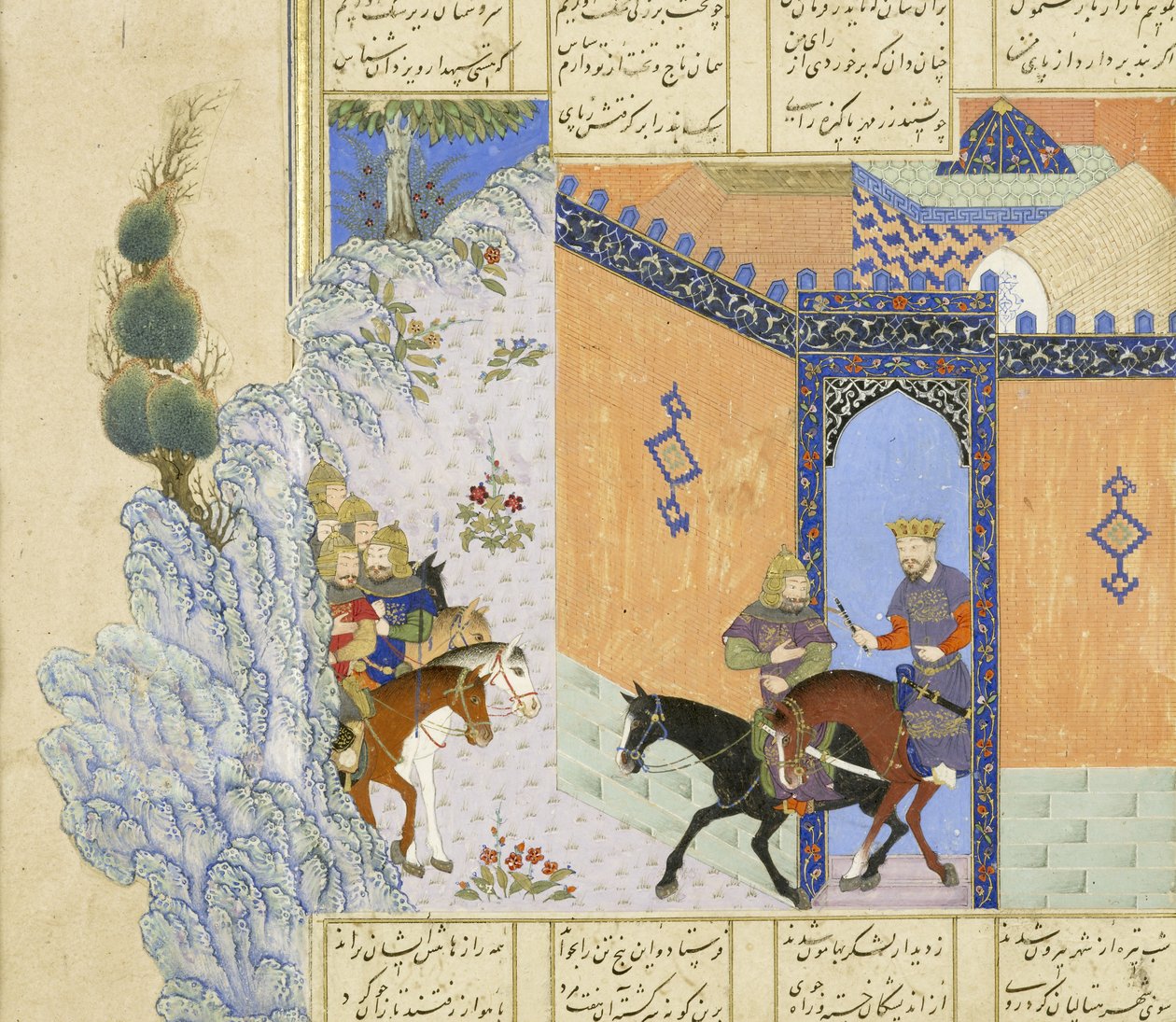 Persiska 239 fol.394a Detalj: Escape of Qub?d, illustration från Shahnama (Kungarnas bok), av Abul-Qasim Mansur Firdawsi (c.934-c.1020), 1444 av Persian School