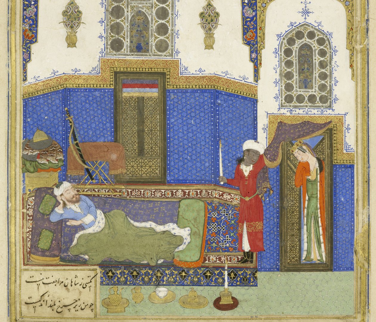Persiska 239 fol.56b Detalj: Tahm?nah kommer till Rustam, illustration från Shahnama (Kungarnas bok), av Abul-Qasim Mansur Firdawsi (c.934-c.1020), 1444 av Persian School