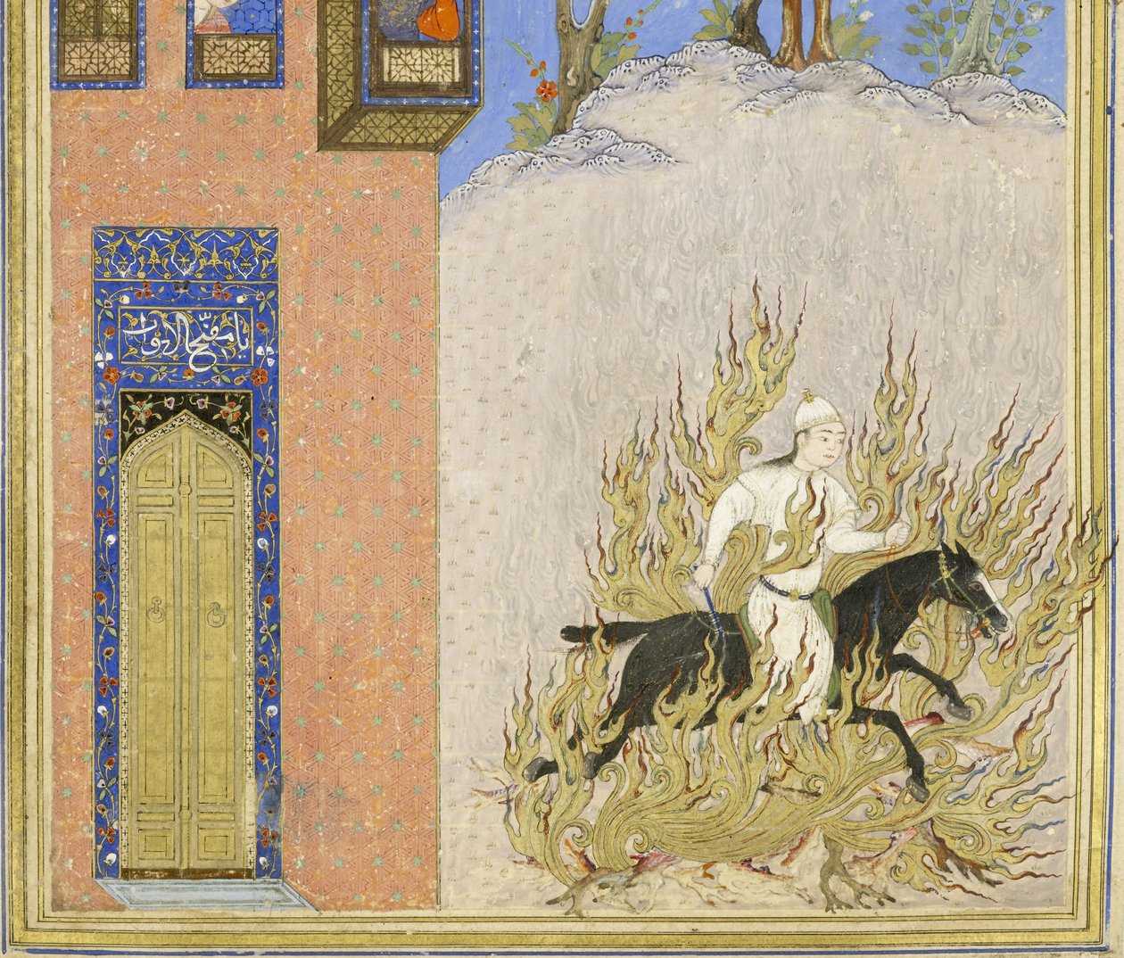 Persiska 239 fol.76a Detalj: Eldprövning av Siy?vush, illustration från Shahnama (Kungarnas bok), av Abul-Qasim Mansur Firdawsi (c.934-c.1020), 1444 av Persian School