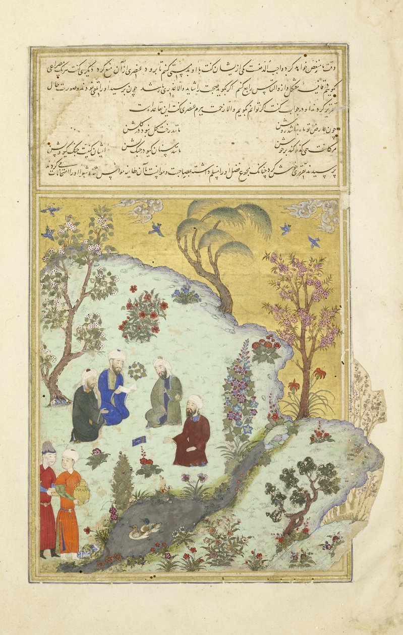 Persiska 239 fol.7a Firdausi möter hovpoeterna i Ghazni, illustration från Shahnama (Kungarnas bok), av Abul-Qasim Mansur Firdawsi (c.934-c.1020), 1444 av Persian School
