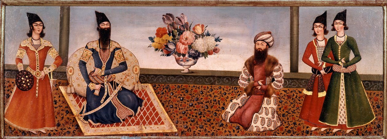 Den persiske kungen Fath Ali Shah (1771-1834) omger medlemmar av sitt hov Målning av Shiraz-skolan (Shiraz) (1800-talet) Teheran, Foroughi Collection av Persian School
