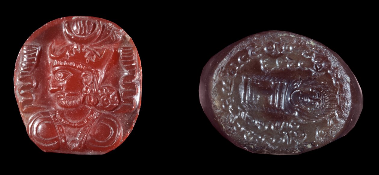 Persisk konst: kamé av Kavadh I (eller Qobad, Kobad, Kabad) (488-496 e.Kr.) kung av det andra persiska imperiet och agatstämpel från sassanidperioden. 5:e eller 6:e århundradet e.Kr. Paris, B.N. av Persian School