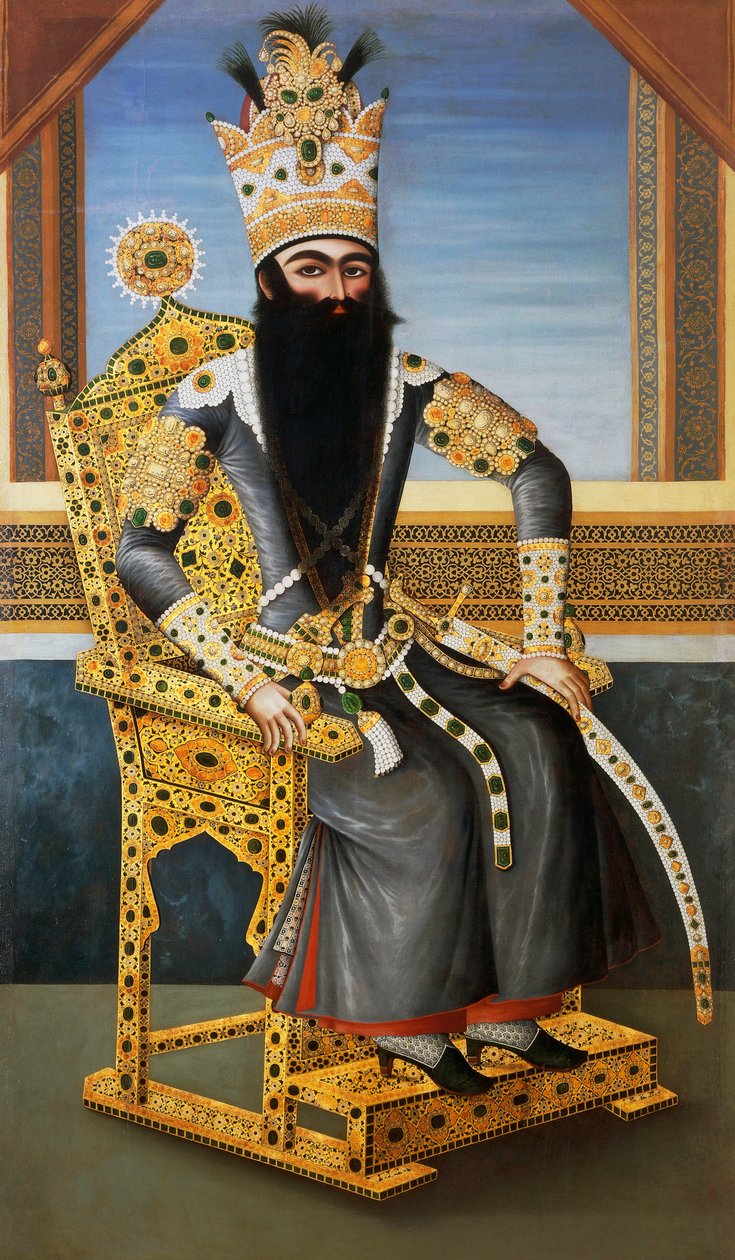Porträtt av Fath Ali Shah (1762-1834), ca 1805, kung av Persien från 1797 till 1834, okänd konstnär, olja på duk av Persian School