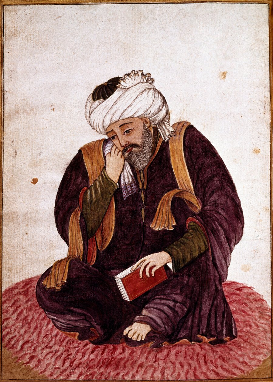 Porträtt av Hafez med hans riktiga namn Khwajeh Chams ad-din Mohammad Hafez-e Chirazi (ad Din Mohammad Hafez e Chirazi) persisk poet och mystiker från 1300-talet. Miniatyr. Nationalmuseet i Damaskus, Syrien. av Persian School