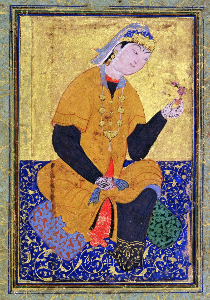 Porträtt av Hamida Banu Begum, med ett sigill, illustrerad folio från Mir Alis antologi, 1550, av Persian School