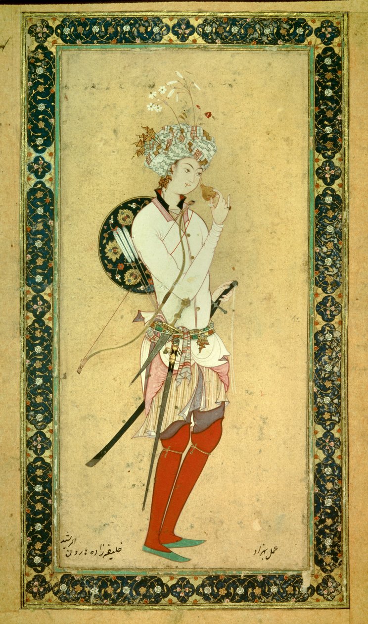 Porträtt av Haroun al-Rashid (Harun al Rashid eller al-Rashid (al Rashid) eller ar Rashid (ar-Rashid) eller el Rashid (el-Rashid) eller el Raschid (el-Rashid) eller al Raschid (al-Rashid) , Abassid kalif (766? 809). Persisk miniatyr av Persian School
