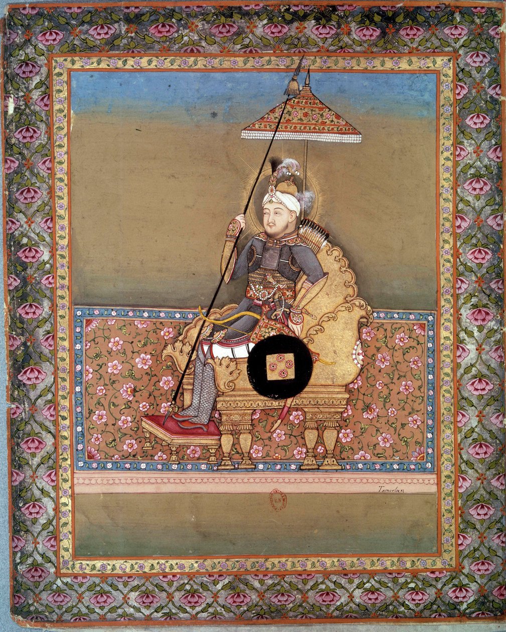 Porträtt av den mongoliske hövdingen Tamerlan (1336-1405) (eller Timur Lang, "Timur den lame"). Persisk miniatyr från 1400-talet. Paris, B.N. av Persian School