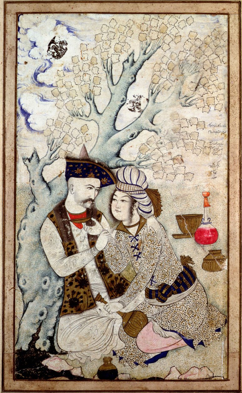Porträtt av Shah Abbas I med en av hans sidor, signerat Muhammad Qasim av Persian School