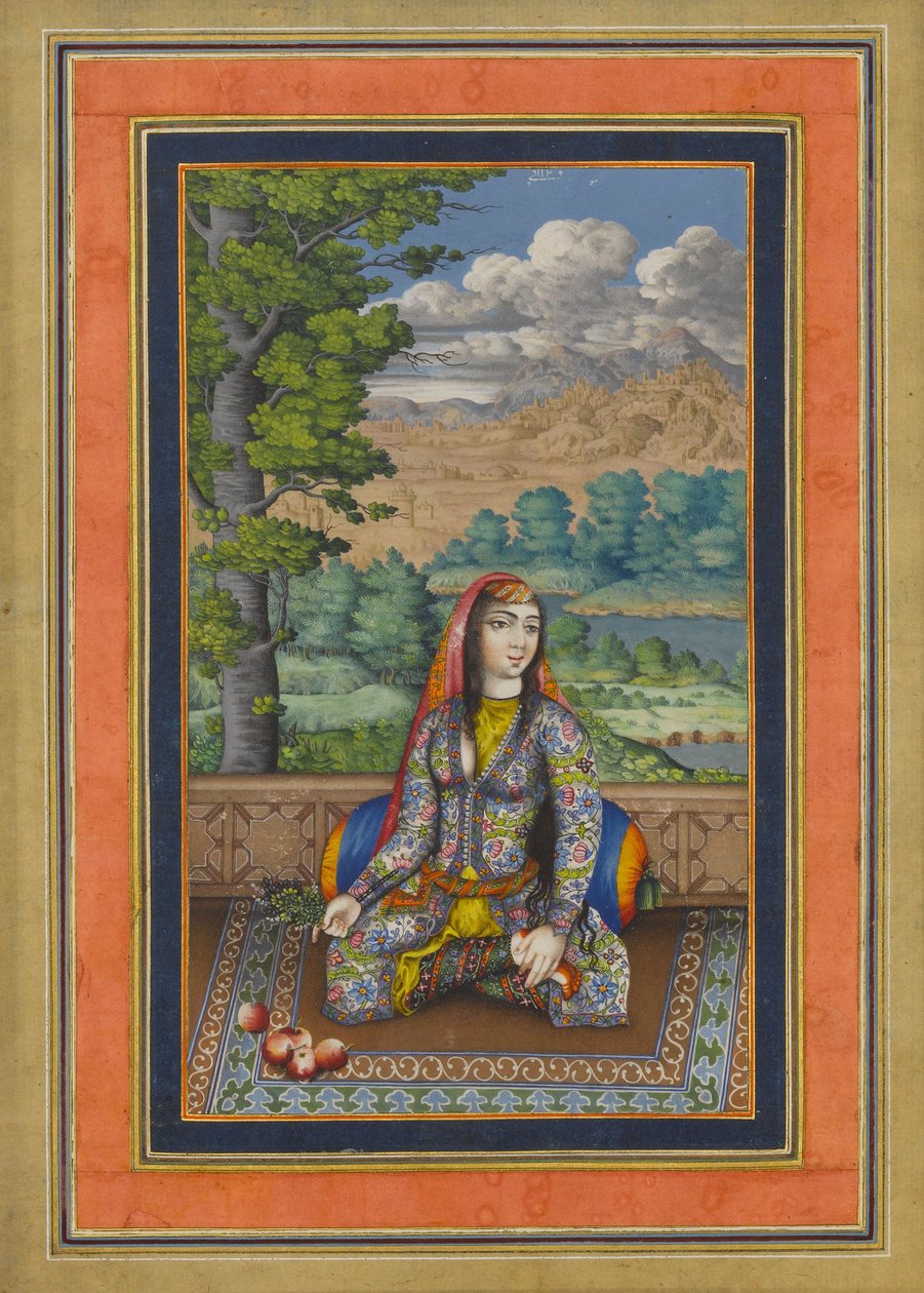 Portrait of a Persian Lady, Folio från Davis Album, c.1736-37 (bläck, ogenomskinlig akvarell och guld på papper) av Persian School