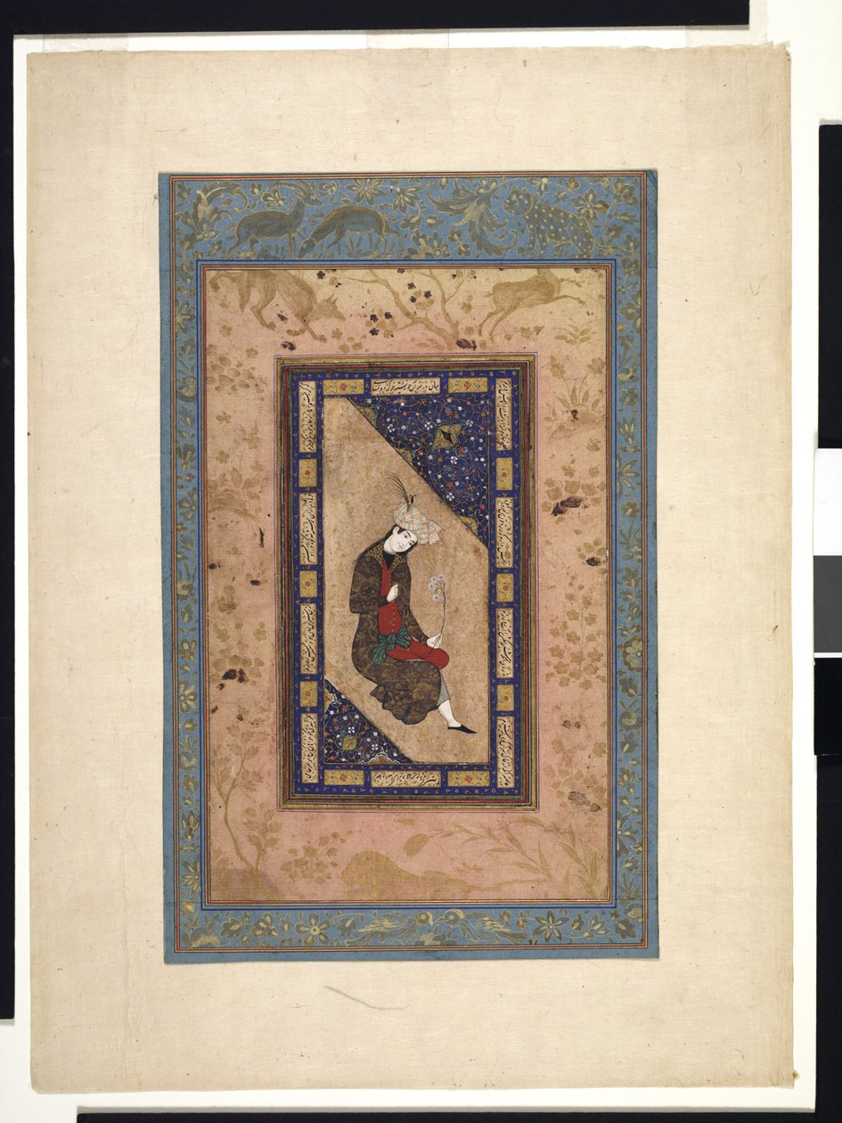 Porträtt av en safavidprins, ca 1590-1630 eller senare (Ogenomskinlig akvarell och guld på papper) av Persian School
