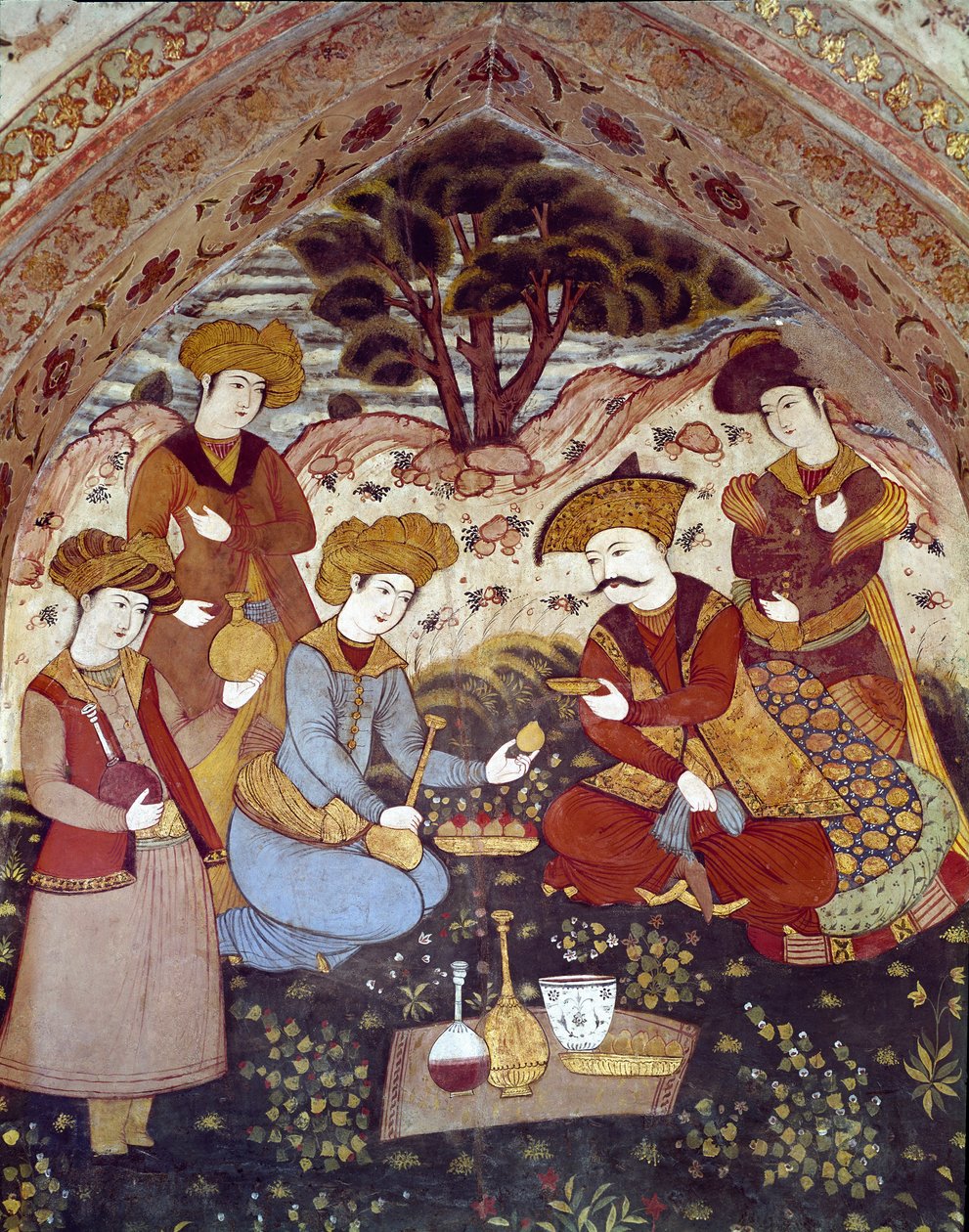 Representation av Abbas I den store betjänad av kurtisaner (Detalj av en fresk av Persian School