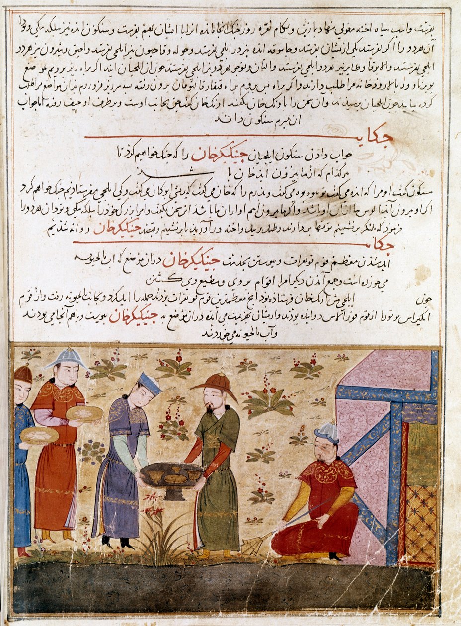 Representation av Genghis Khan (1162-1227) som sluter allianser. Persisk miniatyr hämtad från "" Jami al-tawarikh"" (Jami al tawarikh) eller "" Universal History"" av historikern Rashid al-din (al din) (1247-1318) Omkring 1430. Paris, B.N. av Persian School