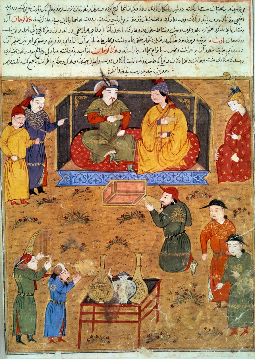 Representation av Houlagou Khan (1217-1265), han är sonson till Genghis Khan persisk miniatyr hämtad från "" Jami al-tawarikh"" (Jami al-tawarikh) eller "" Universal History"" av historikern Rashid al-din (al. din) (1247-1318) Omkring 1430. Paris, B.N. av Persian School