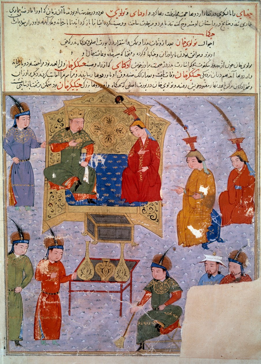 Representation av Houlagou Khan (1217-1265), han är sonson till Genghis Khan persisk miniatyr hämtad från "" Jami al-tawarikh"" (Jami al-tawarikh) eller "" Universal History"" av historikern Rashid al-din (al. din) (1247-1318) Omkring 1430. Paris, B.N. av Persian School