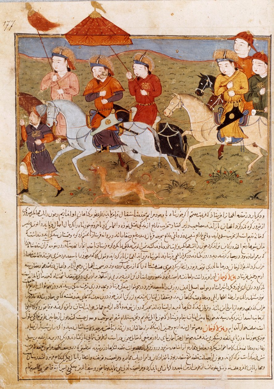 Representation av Houlagou Khan, barnbarn till Genghis Khan ridning. Persisk miniatyr hämtad från Jami al-Tawarikh” (Jami al tawarikh) eller ””Universell historia”” av historikern Rashid al-din (al din) (1247-1318) Omkring 1430. Paris, B.N. av Persian School