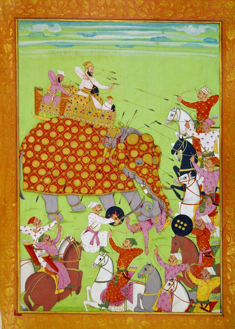 Representation av Murad (Mourad) Baksh (1624-1661), son till Mughal-kejsaren Shah Jehan (eller Shah Jehan, Shahjehan) som slåss mot en elefant. Persisk miniatyr av 1600-talets Paris, B.N. av Persian School