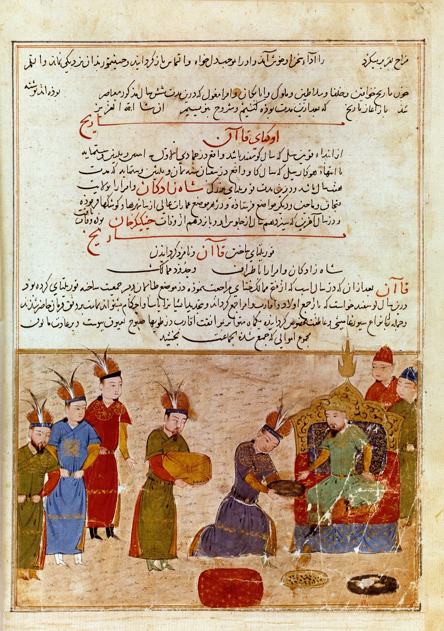 Representation av Ogodei Khan (1186-1241), han är son till Djingis Khan. Persisk miniatyr hämtad från "" Jami al-tawarikh"" (Jami al tawarikh) eller "" Universal History"" av historikern Rashid al-din (al din) (1247-1318) Omkring 1430. Paris, B.N. av Persian School