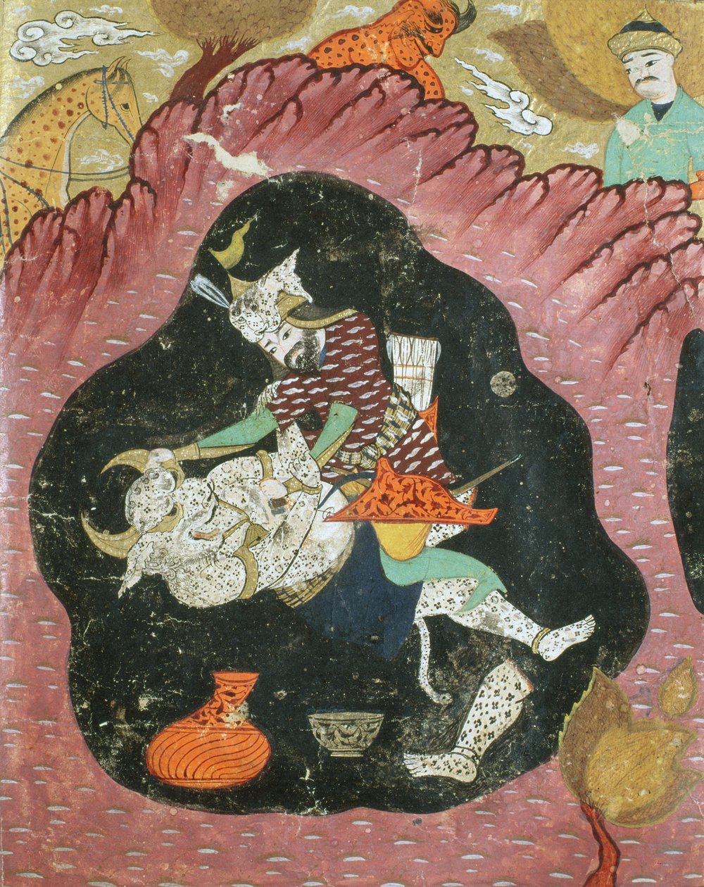 Rostam dödar den vita demonen i en grotta, illustration från Shahnama (Kungarnas bok) av Abul-Qasim Manur Firdawsi (c.934-c.1020) 1615 av Persian School