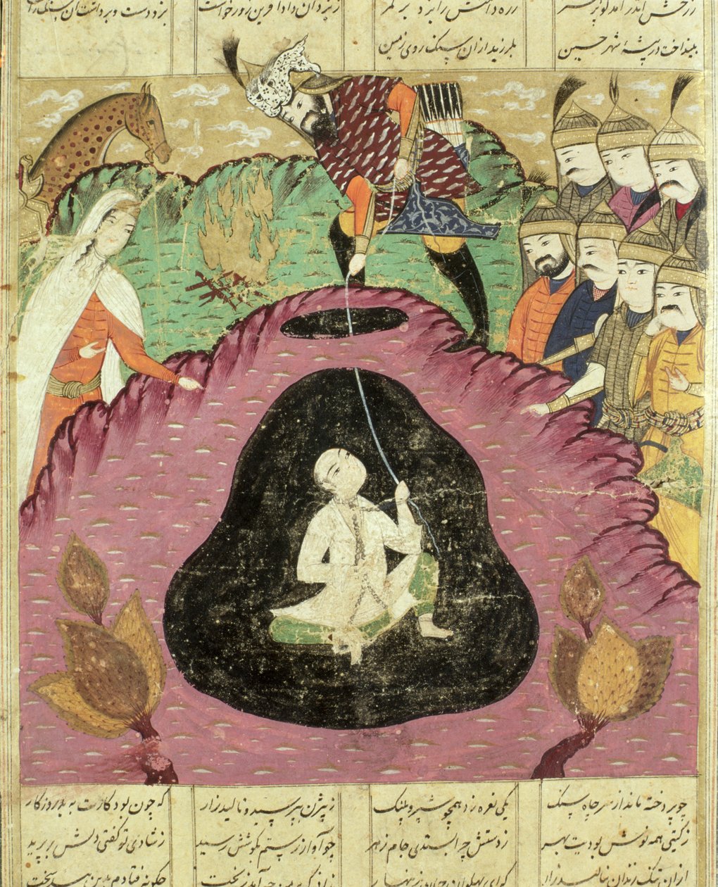 Rostam drar Bijan från grottan, illustration från Shahnama (Kungarnas bok) av Abul-Qasim Manur Firdawsi (c.934-c.1020) 1619 av Persian School
