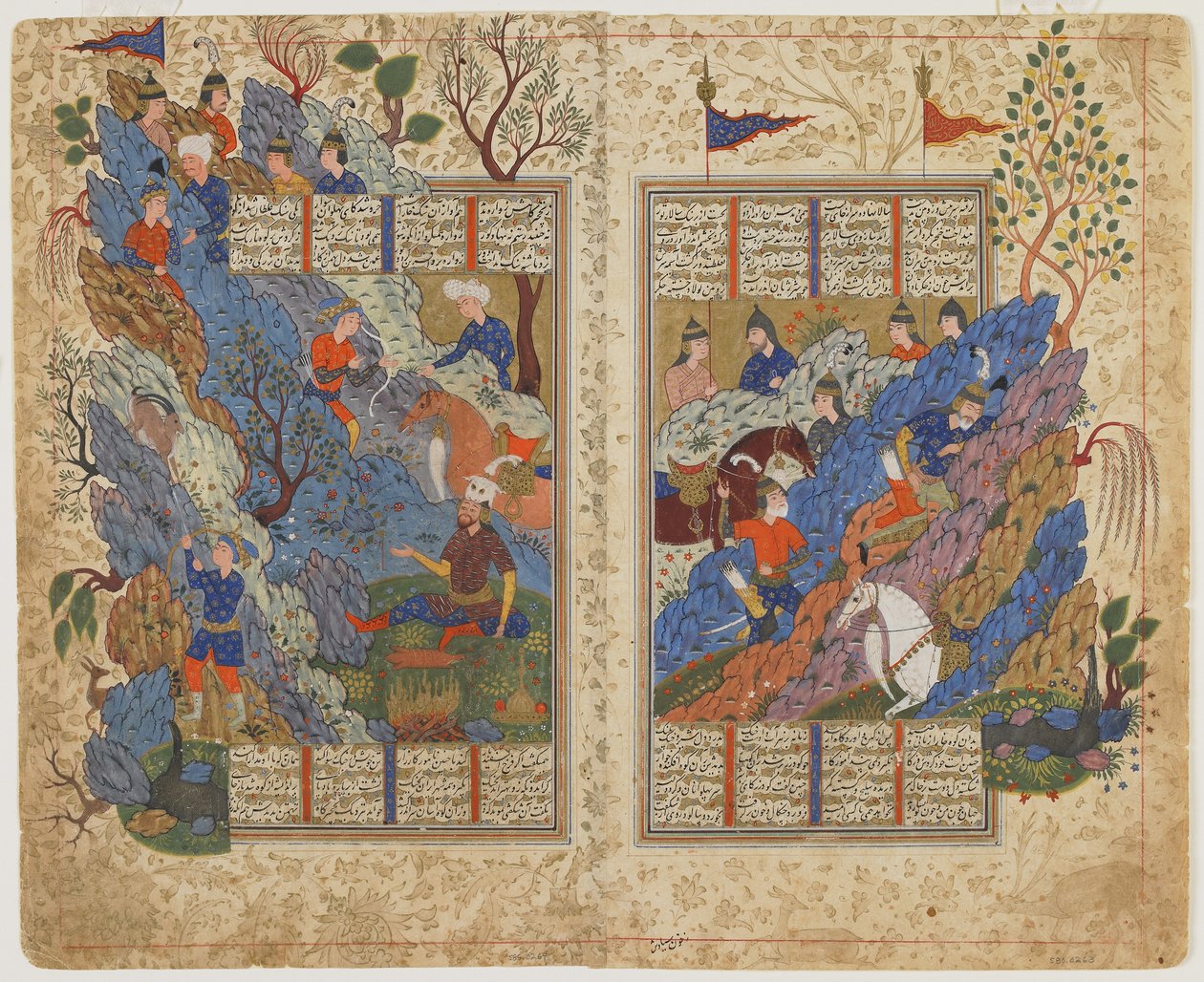 Rustam slår tillbaka stenen som Bahman rullade över honom från en Shahnama (Kungarnas bok), ca 1590-1600 (bläck, ogenomskinlig akvarell och guld på papper) av Persian School