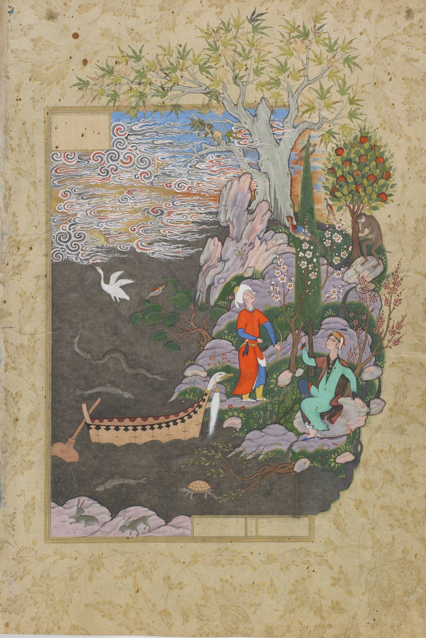 Salaman och Absal vilar på den lyckliga ön, folio från en Haft awrang (Sju troner) av Jami (d.1492) troligen Mashad, Khurasan, Iran, Safaviddynastin, 1556-1565 (bläck, ogenomskinlig akvarell och guld på p. av Persian School