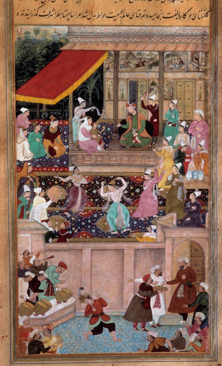 Scen med danser, musik, underhållning vid en sultans domstol. Persisk miniatyr av Persian School