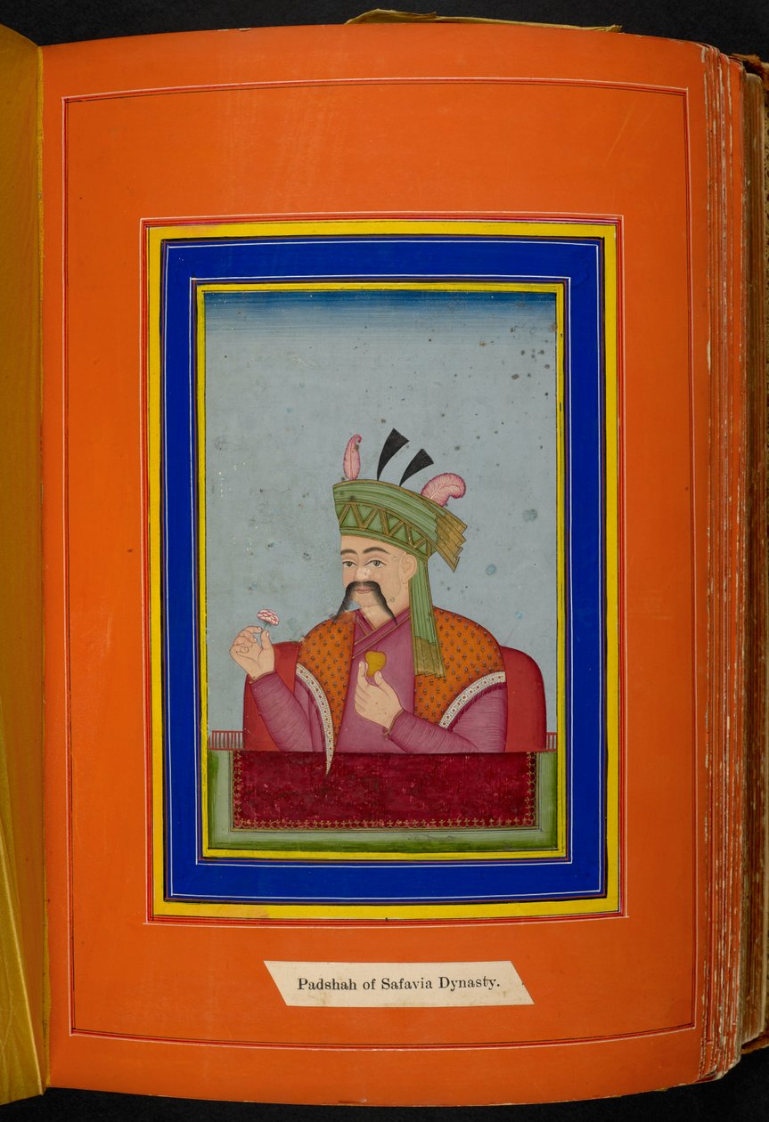 Shah Abbas I av Persien (reg. 1588-1629) huvud- och axlarporträtt, till vänster (ogenomskinlig akvarell på papper) av Persian School