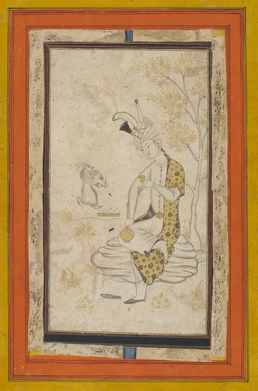Shah Tahmasp I sittande på klippan, Safaviddynastin (bläck och guld på papper) av Persian School