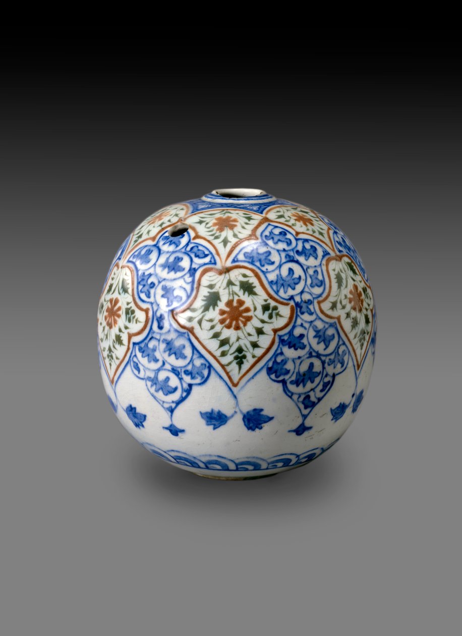 Sfärisk Kahlian Pipe Bowl, troligen tillverkad i Kerman, Iran, sent 1600- eller tidigt 1700-tal (stenpasta med polykrom under glasyr) av Persian School