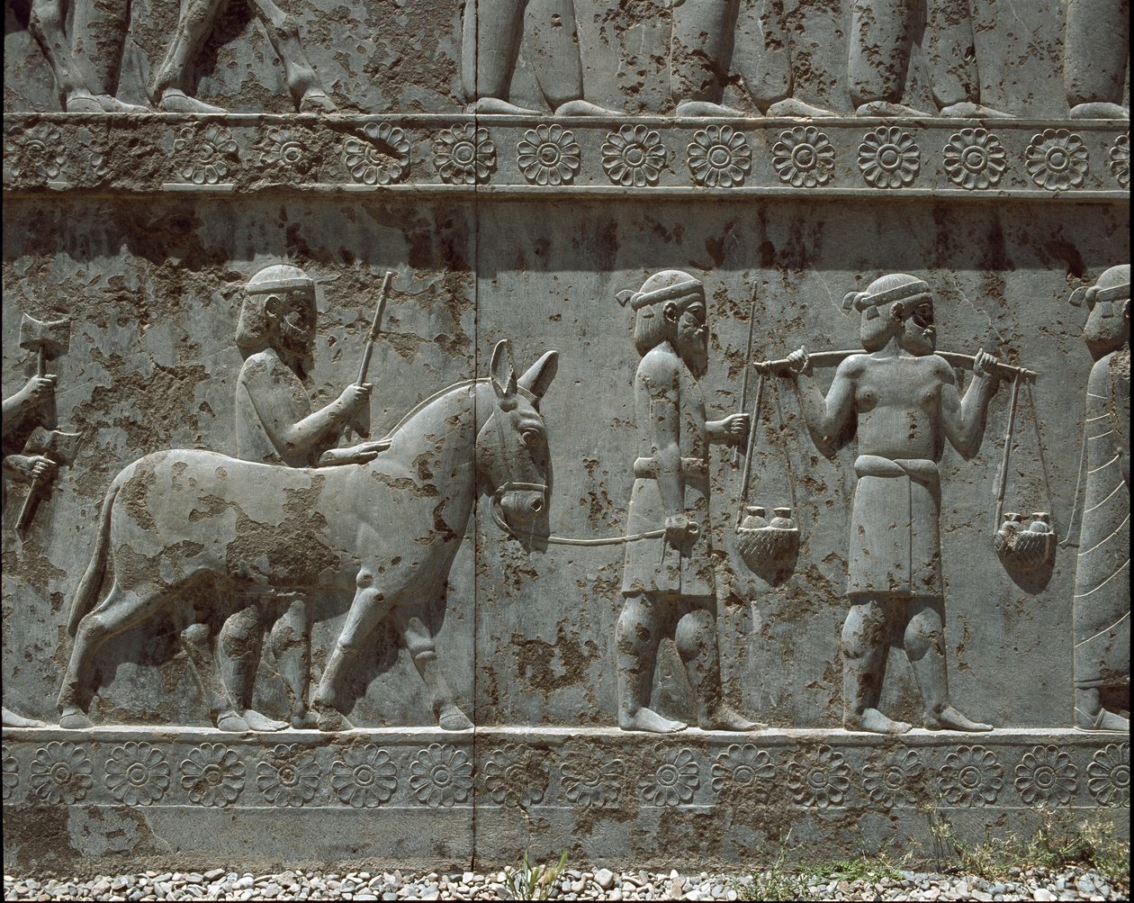 Undergivna folk ger gåvor till Darius I. Reliefer av den östra trappan i Apadana, 600-talet f.Kr. av Persian School