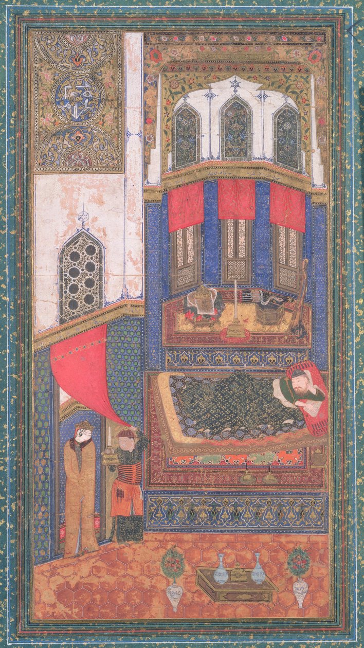 Tahmina Comes into Rustams Chamber, illustration från Shahnama (Kungarnas bok), av Abul-Qasim Manur Firdawsi (c.934-c.1020), från Herat, Afghanistan, c.1410 (ogenomskinlig wc och guld på papper) av Persian School
