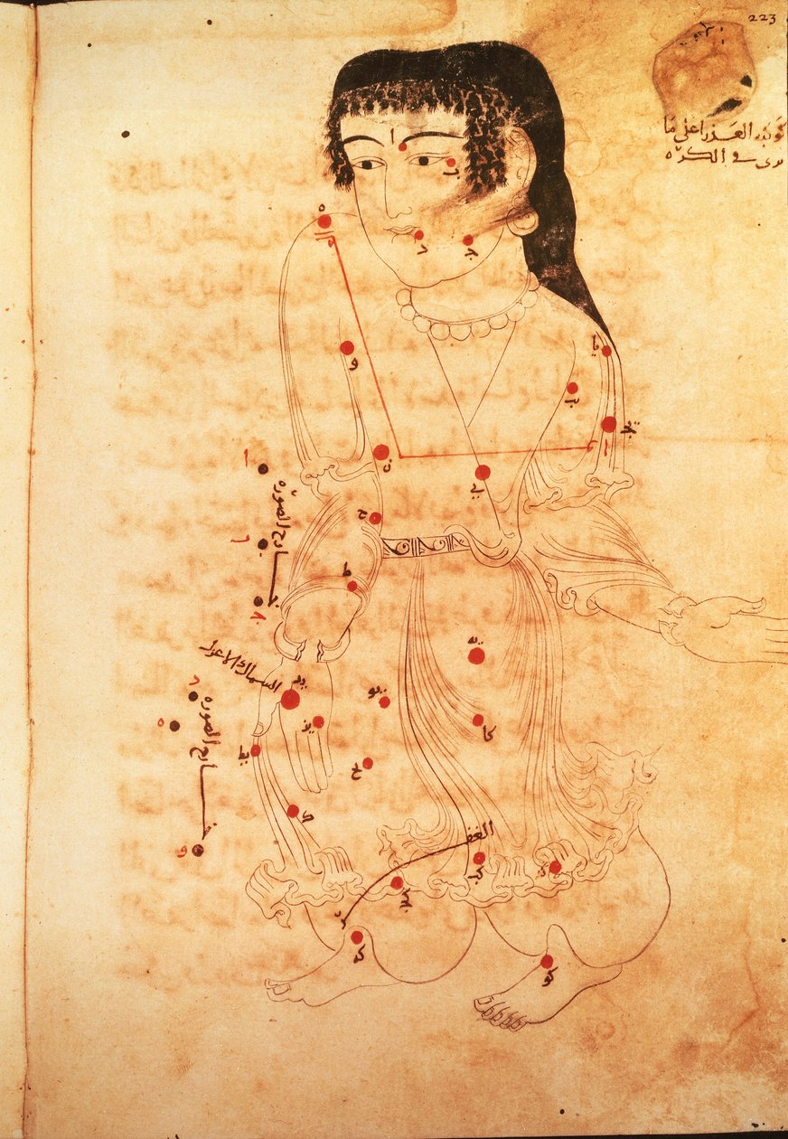 Jungfruns konstellation, illustration från "The Book of Fixed Stars" av Azophi (Abd al-Rahman al-Sufi) (vellum) av Persian School
